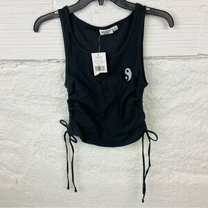 NWT MIGHTY FINE black stretch yin and yang embroidery top size medium